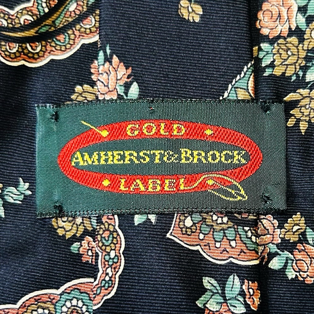 VTG Amherst & Brock‎ Silk Necktie Black Pink Green Floral Paisley Print Neck Tie - Picture 6 of 8